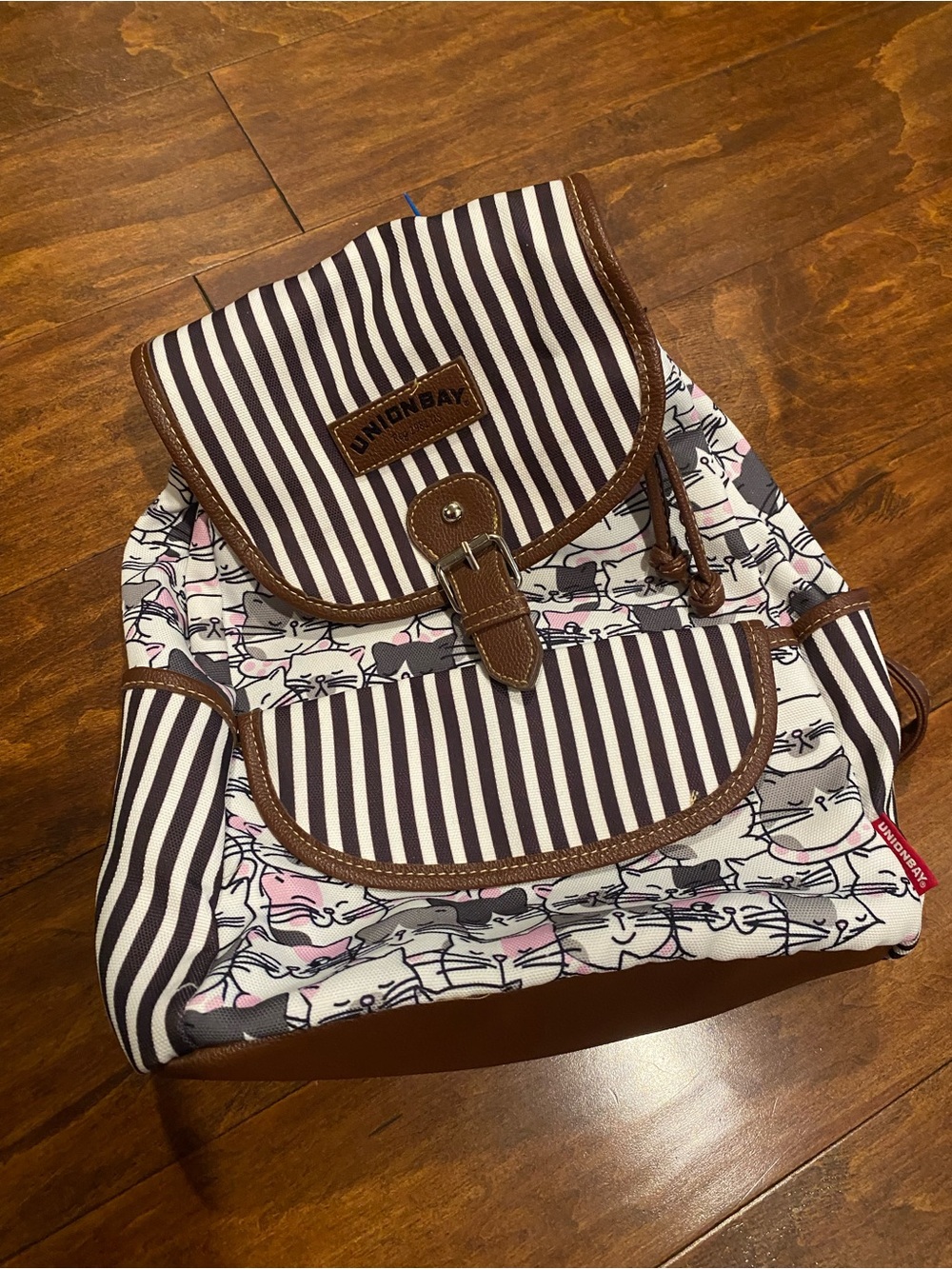 Unionbay Striped & Cat Print Canvas Backpack - Brown, White, Pink
